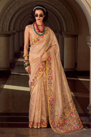 Beige Floral Embroidered Silk Blend Saree (ACA9401)