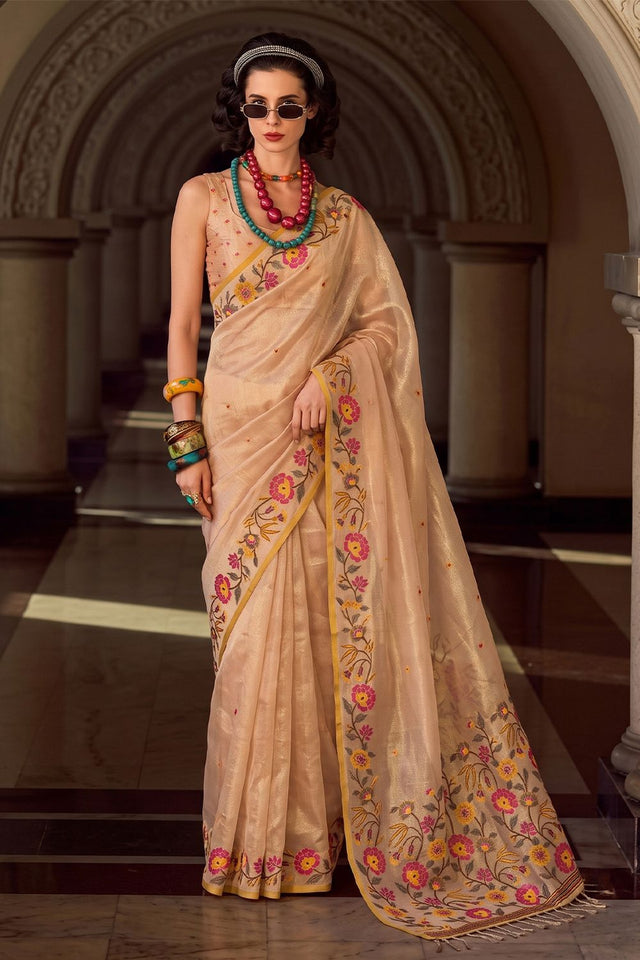 Beige Floral Embroidered Silk Blend Saree (ACA9401)