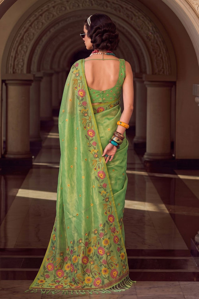 Green Floral Embroidered Silk Blend Saree (ACA9402)