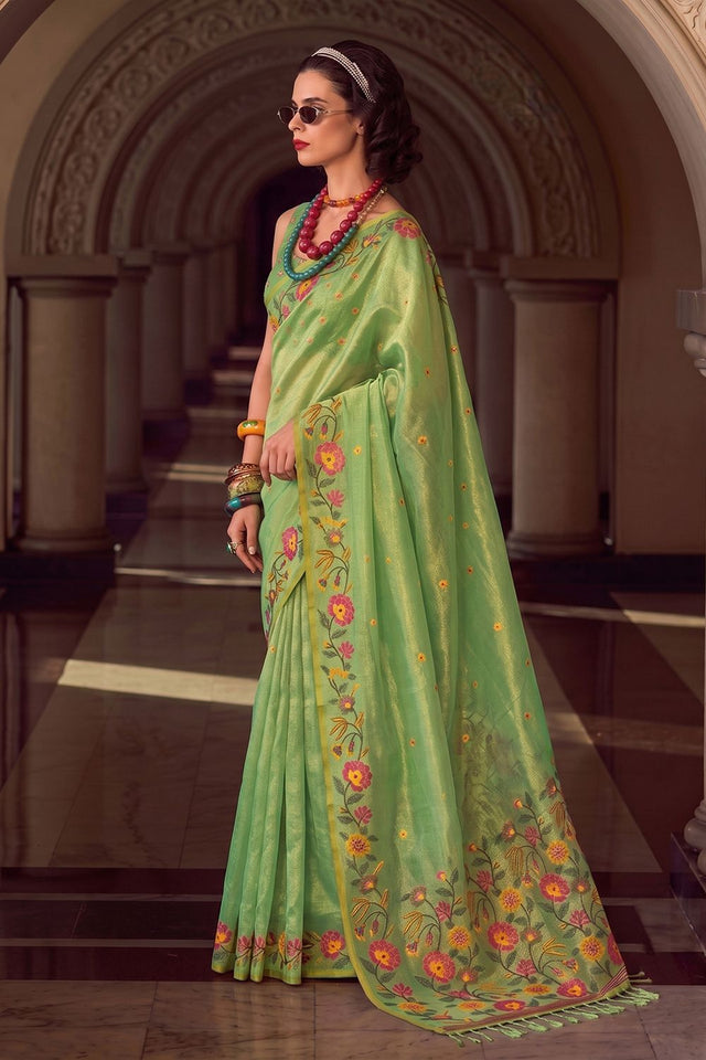 Green Floral Embroidered Silk Blend Saree (ACA9402)