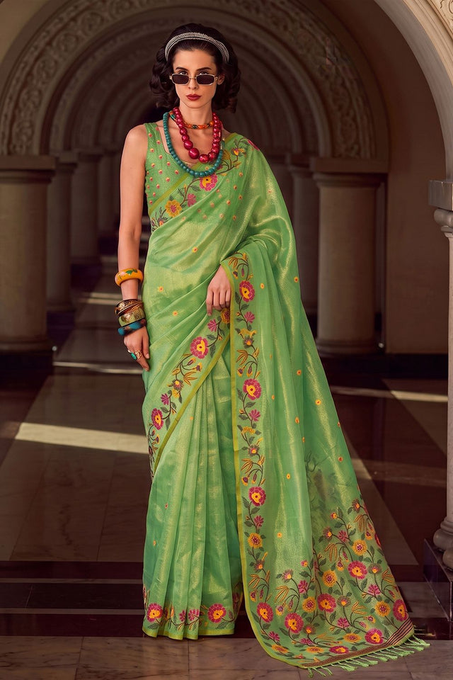 Green Floral Embroidered Silk Blend Saree (ACA9402)