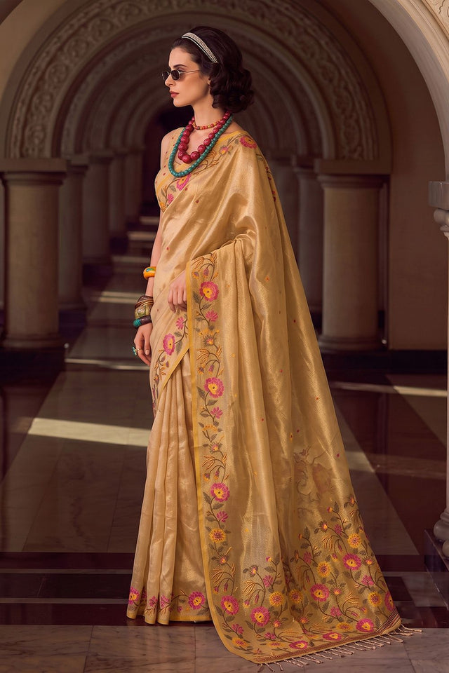 Gold Floral Embroidered Silk Blend Saree (ACA9403)