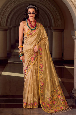 Gold Floral Embroidered Silk Blend Saree (ACA9403)
