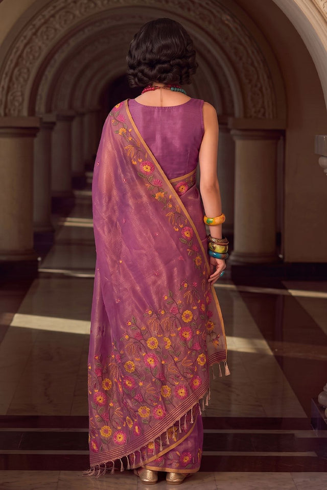 Pink Floral Embroidered Silk Blend Saree (ACA9404)