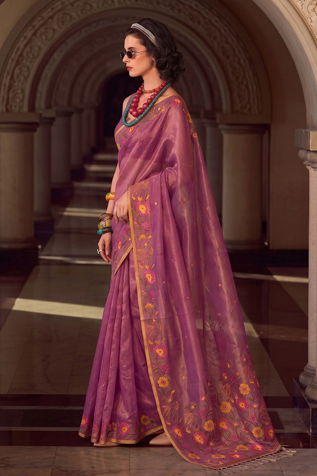 Pink Floral Embroidered Silk Blend Saree (ACA9404)