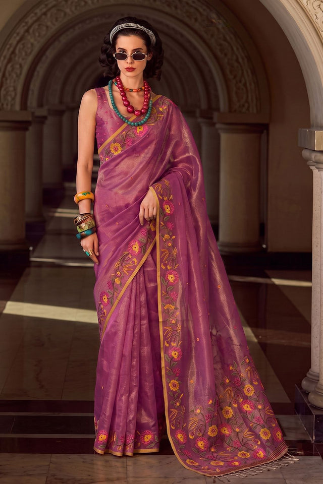 Pink Floral Embroidered Silk Blend Saree (ACA9404)