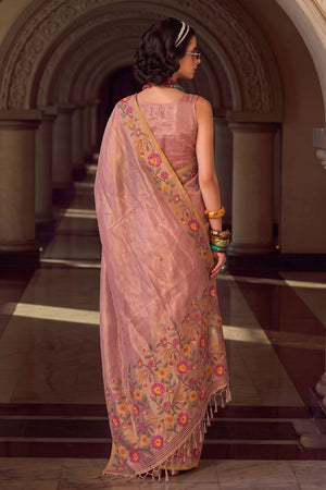 Pink Floral Embroidered Silk Blend Saree (ACA9405)