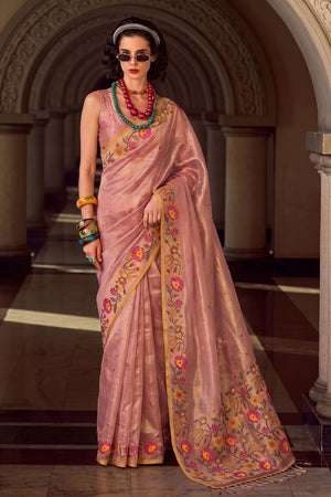 Pink Floral Embroidered Silk Blend Saree (ACA9405)