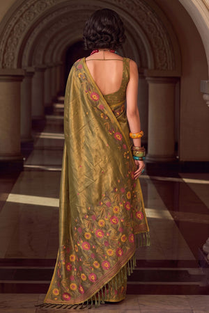 Mehendi Floral Embroidered Silk Blend Saree (ACA9406)