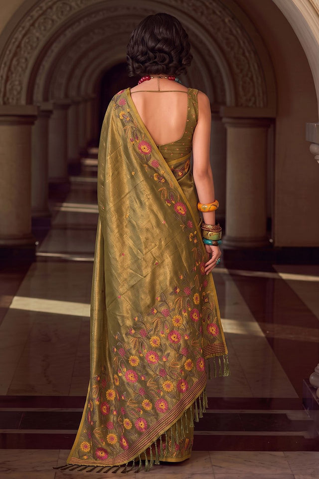 Mehendi Floral Embroidered Silk Blend Saree (ACA9406)