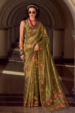 Mehendi Floral Embroidered Silk Blend Saree (ACA9406)