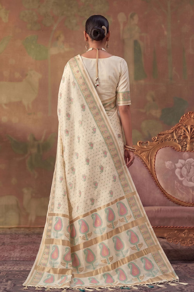 Cream Woven Soft Silk Saree (ACA9407)