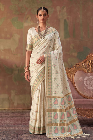 Cream Woven Soft Silk Saree (ACA9407)