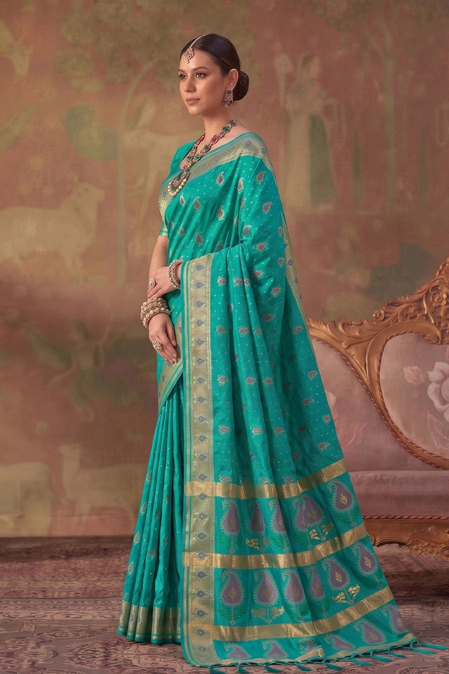 Sea Green Woven Soft Silk Saree (ACA9411)