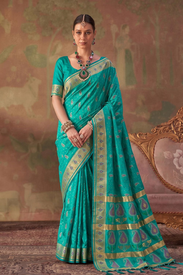 Sea Green Woven Soft Silk Saree (ACA9411)