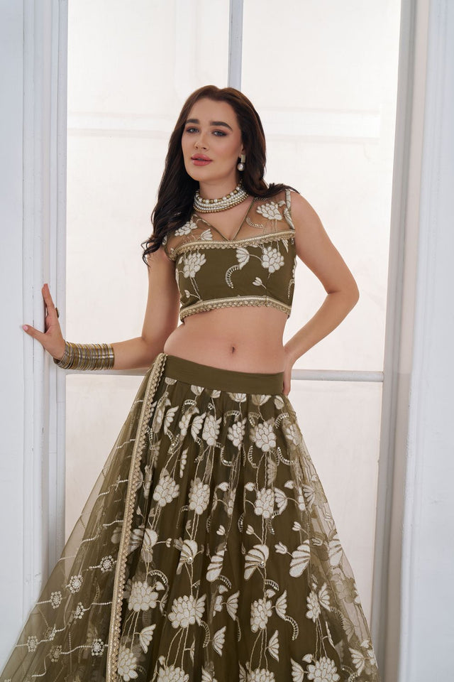 Mehendi Embroidered Net Lehenga (ACA9415)