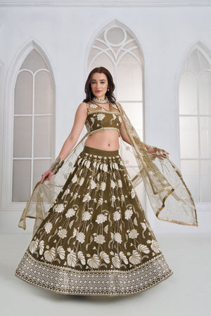 Mehendi Embroidered Net Lehenga (ACA9415)