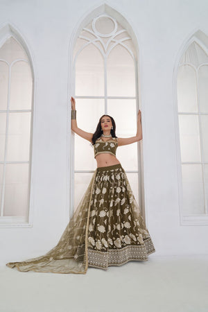 Mehendi Embroidered Net Lehenga (ACA9415)