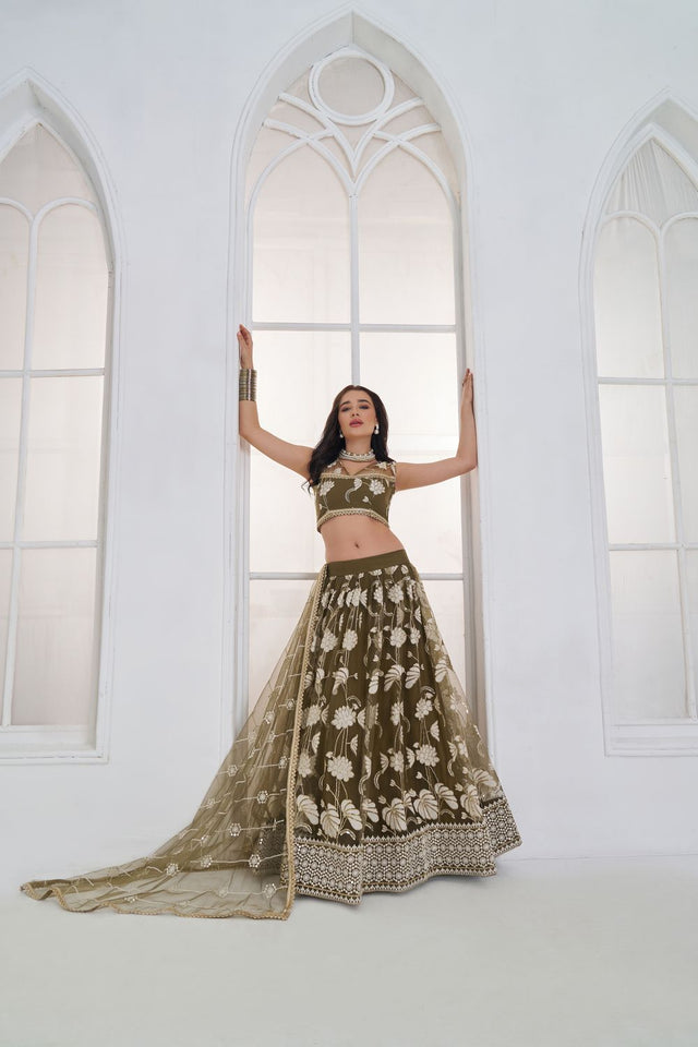 Mehendi Embroidered Net Lehenga (ACA9415)