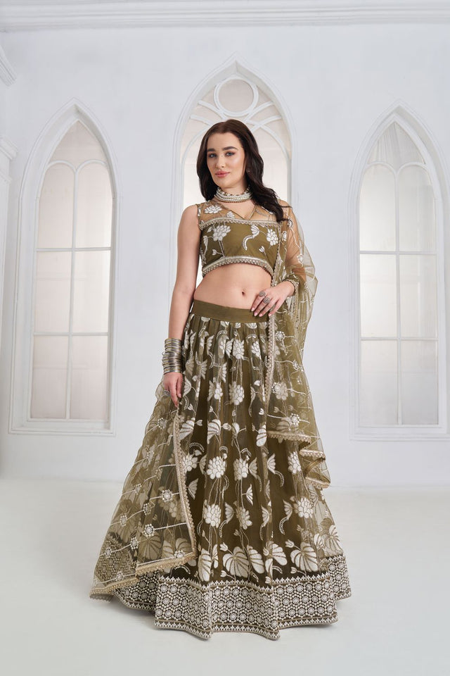 Mehendi Embroidered Net Lehenga (ACA9415)