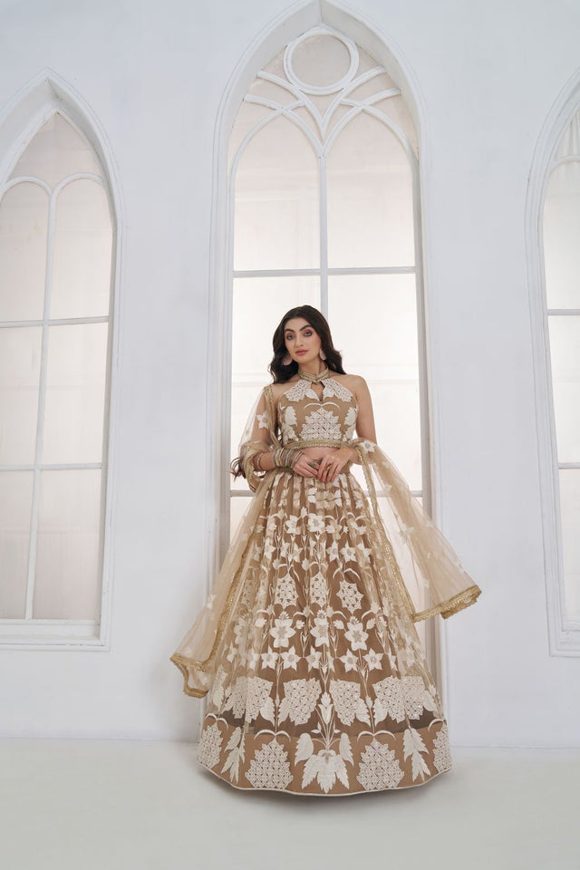 Brown Embroidered Net Lehenga (ACA9416)
