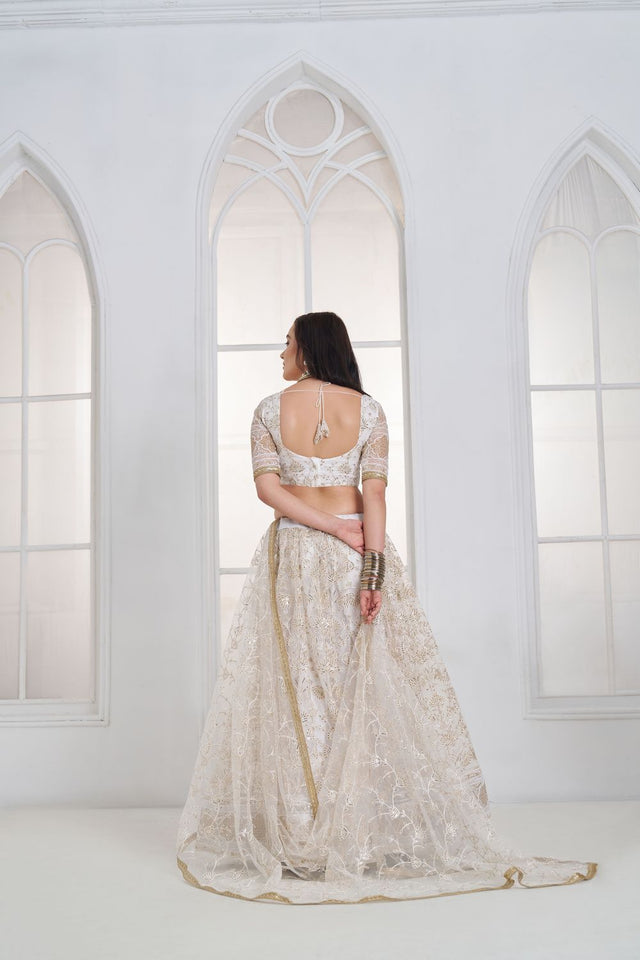 Off White Embroidered Net Lehenga (ACA9417)