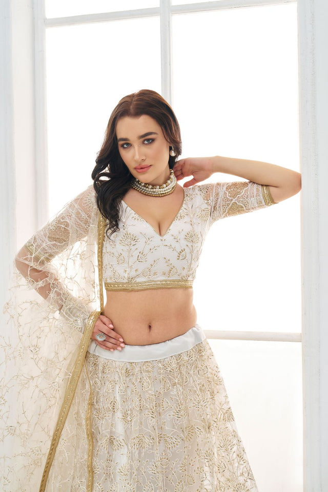 Off White Embroidered Net Lehenga (ACA9417)