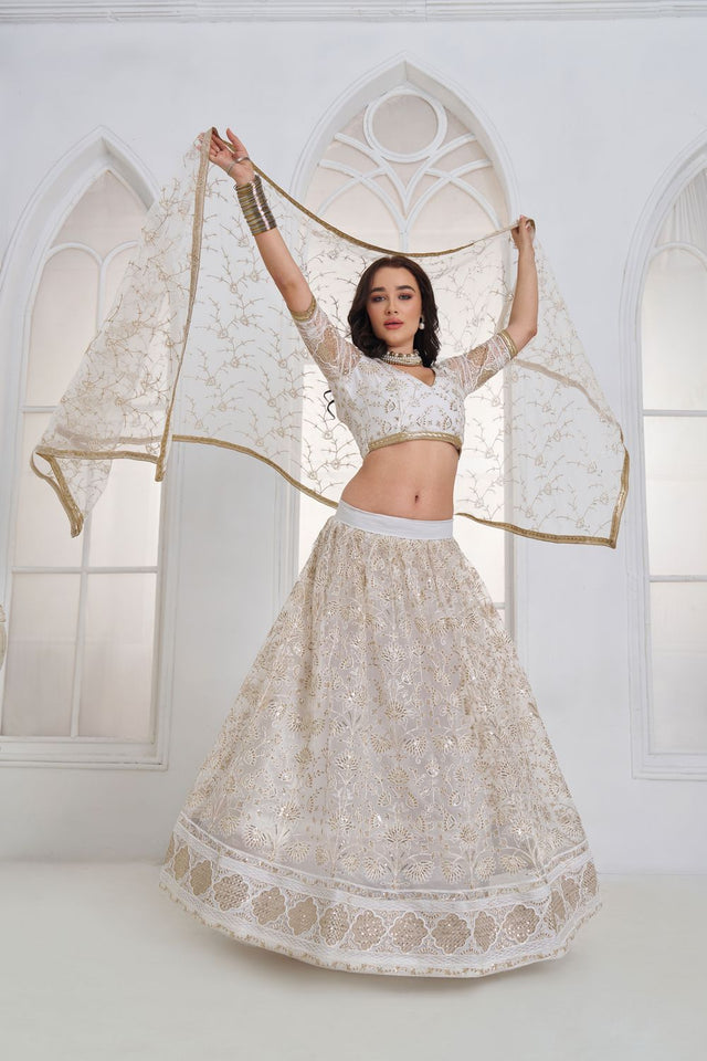 Off White Embroidered Net Lehenga (ACA9417)