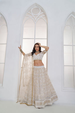 Off White Embroidered Net Lehenga (ACA9417)