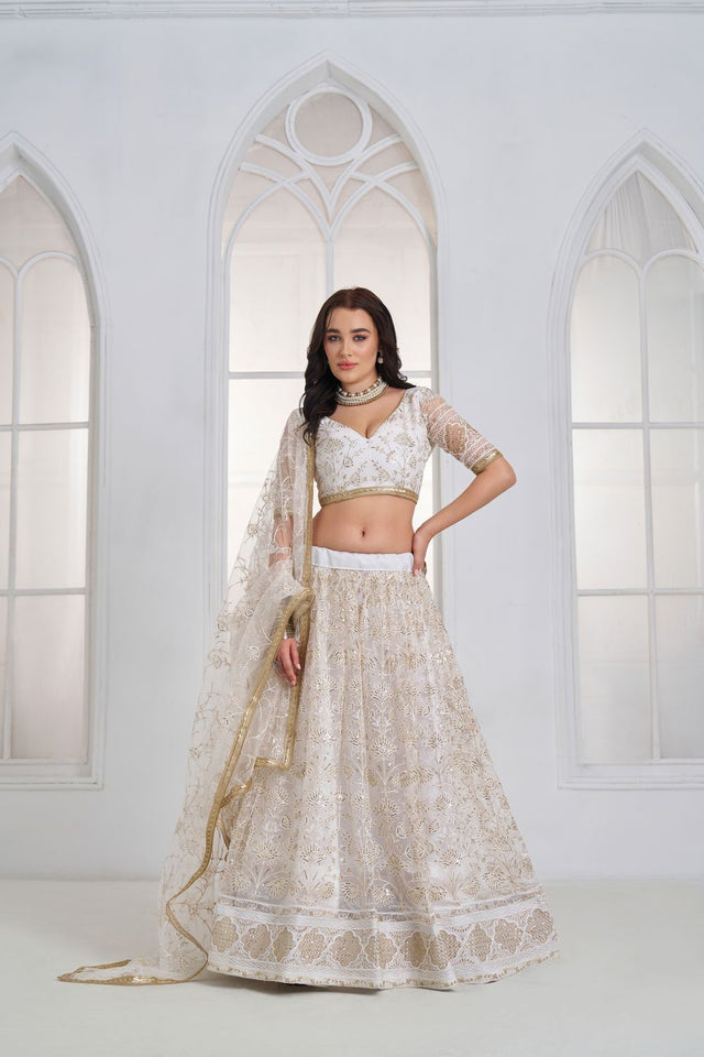 Off White Embroidered Net Lehenga (ACA9417)