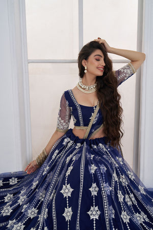 Navy Blue Embroidered Net Lehenga (ACA9418)