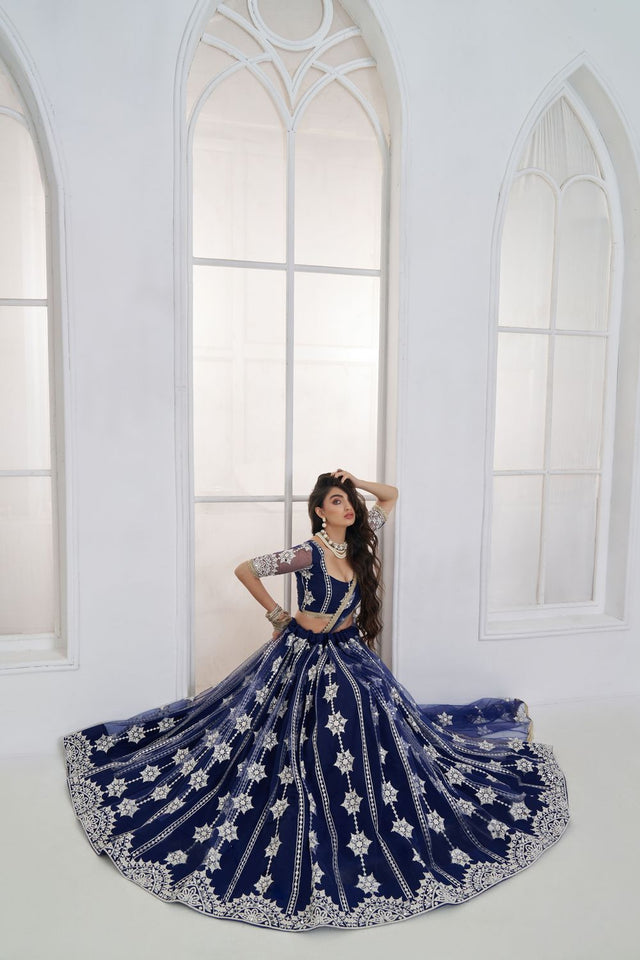 Navy Blue Embroidered Net Lehenga (ACA9418)