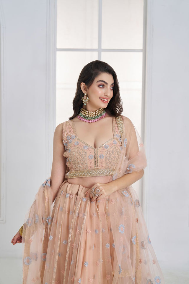 Peach Embroidered Net Lehenga (ACA9419)