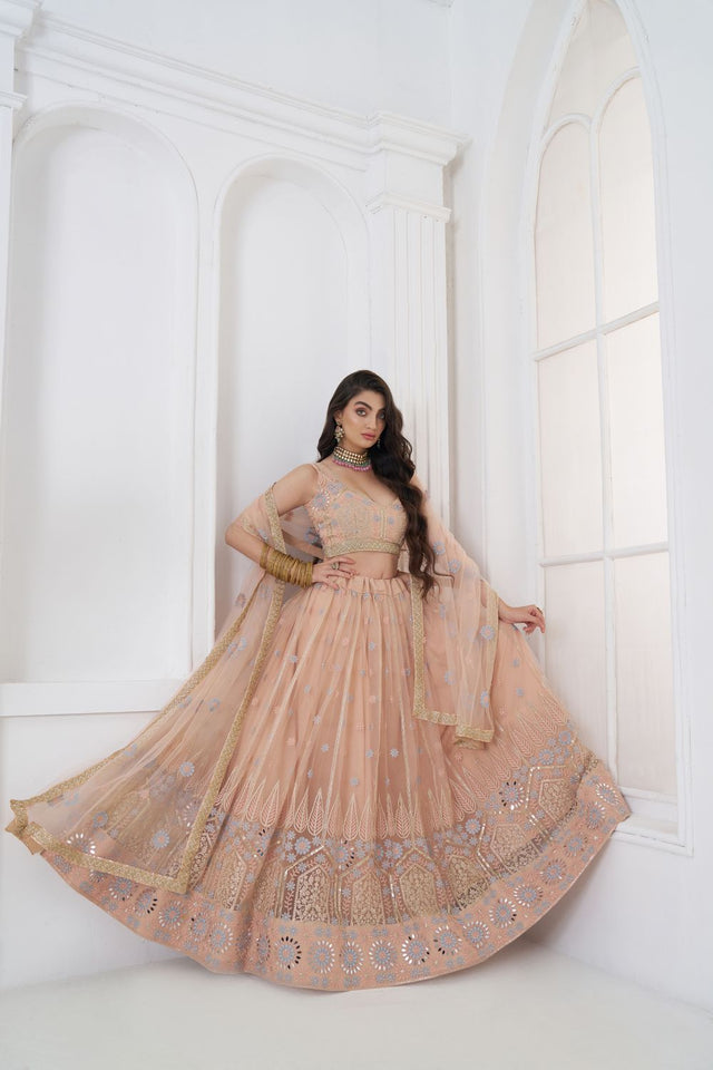 Peach Embroidered Net Lehenga (ACA9419)