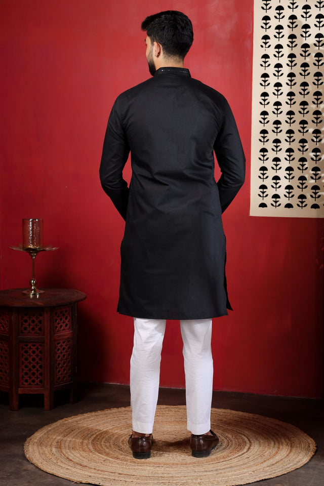 Mens Black Embroidered Cotton Kurta Set (ACA9423)