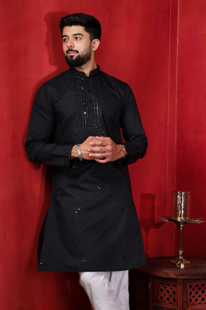Mens Black Embroidered Cotton Kurta Set (ACA9423)