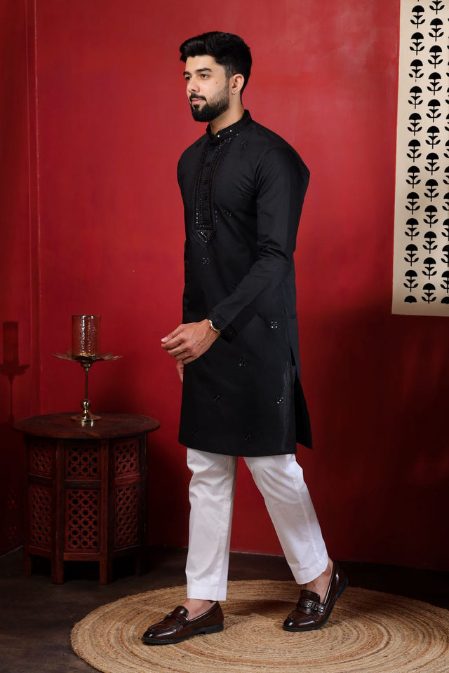 Mens Black Embroidered Cotton Kurta Set (ACA9423)