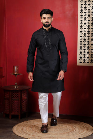 Mens Black Embroidered Cotton Kurta Set (ACA9423)