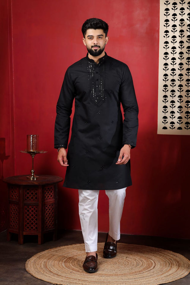 Mens Black Embroidered Cotton Kurta Set (ACA9423)