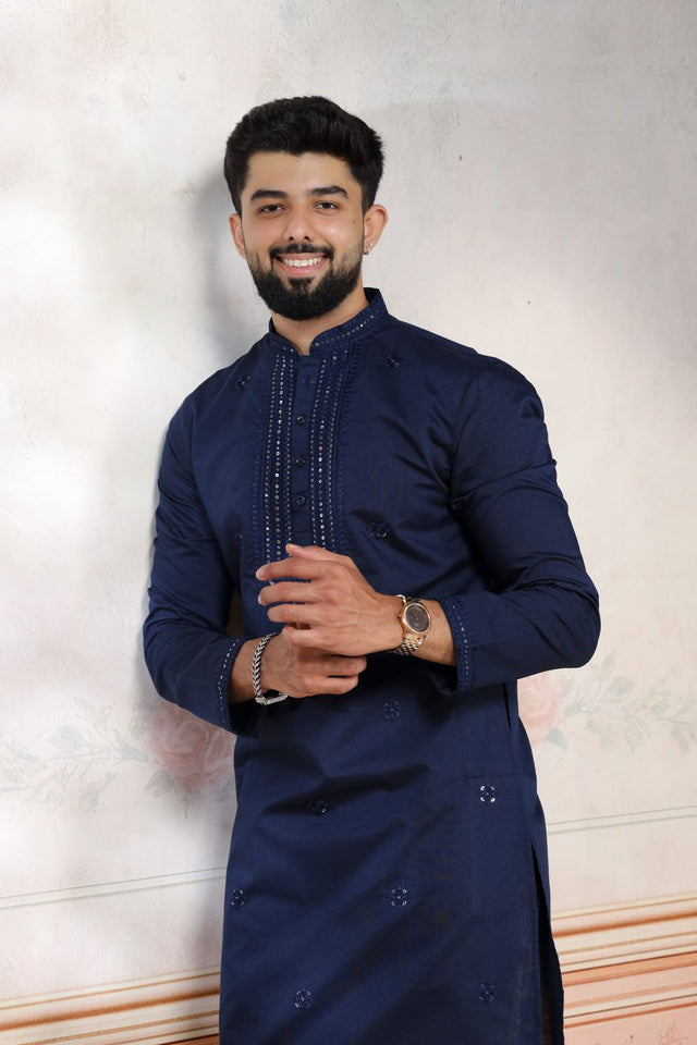 Mens Black Embroidered Cotton Kurta Set (ACA9426)