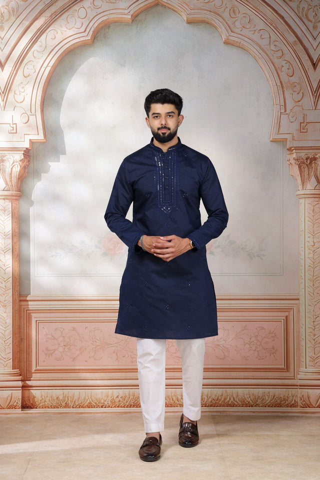Mens Black Embroidered Cotton Kurta Set (ACA9426)