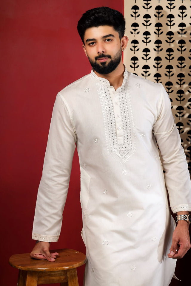Mens Pink Embroidered Cotton Kurta Set (ACA9427)