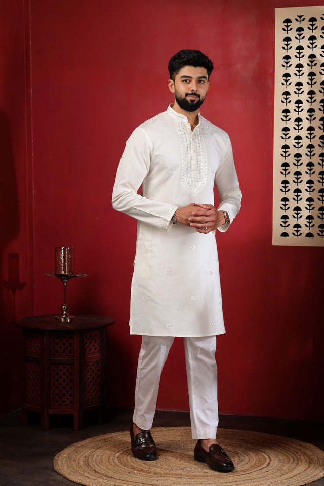 Mens Pink Embroidered Cotton Kurta Set (ACA9427)