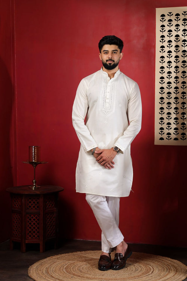 Mens Pink Embroidered Cotton Kurta Set (ACA9427)