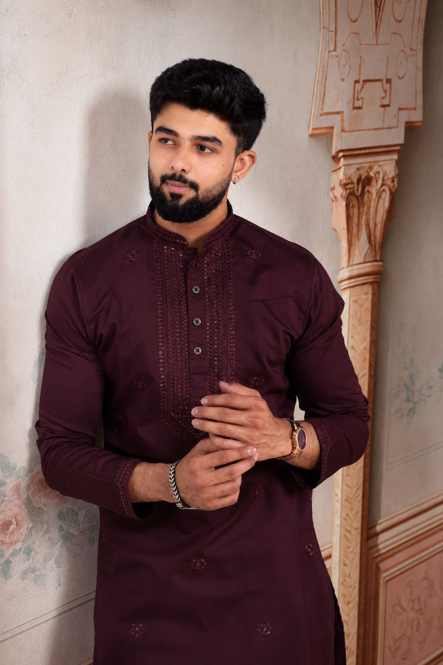 Mens Pink Embroidered Cotton Kurta Set (ACA9429)