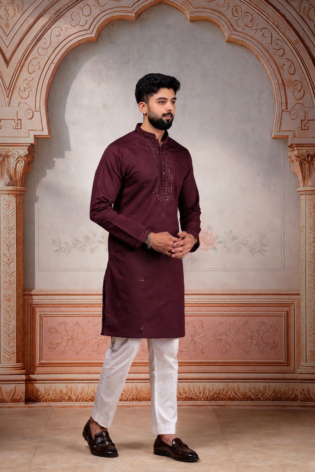 Mens Pink Embroidered Cotton Kurta Set (ACA9429)
