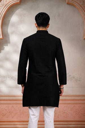Mens Black Woven Cotton Kurta Set (ACA9431)