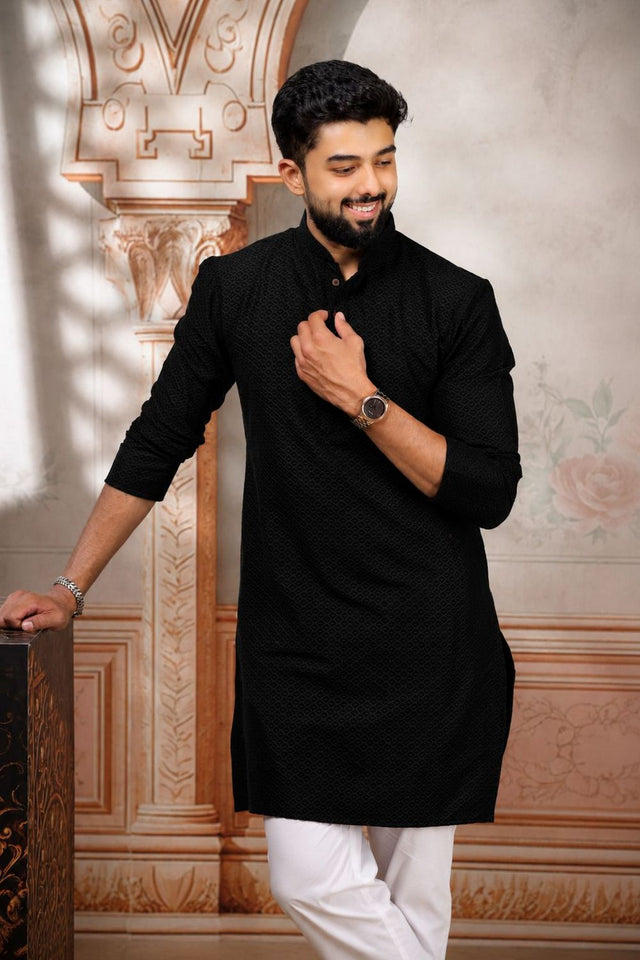 Mens Black Woven Cotton Kurta Set (ACA9431)