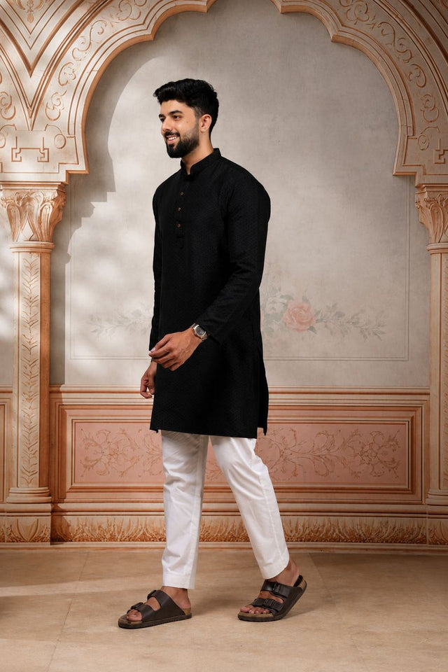 Mens Black Woven Cotton Kurta Set (ACA9431)
