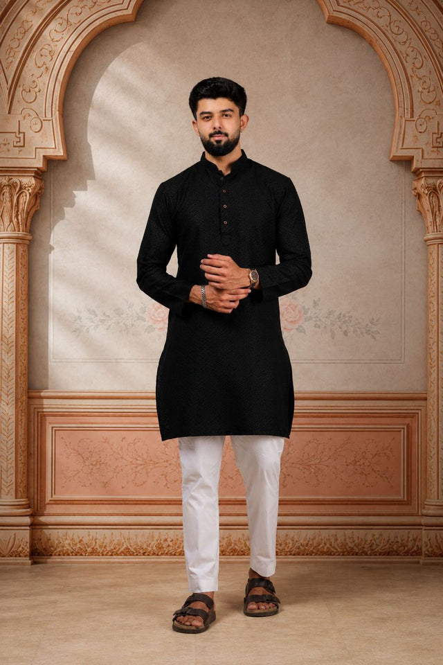 Mens Black Woven Cotton Kurta Set (ACA9431)